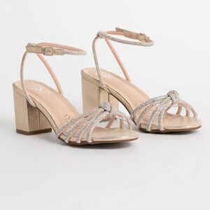 Metallic rhinestone block heels